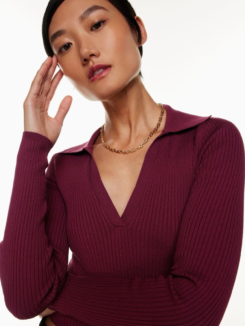 Aritzia Babaton Sculpt Knit Polo Longsleeve top, Burgundy, Size Medium